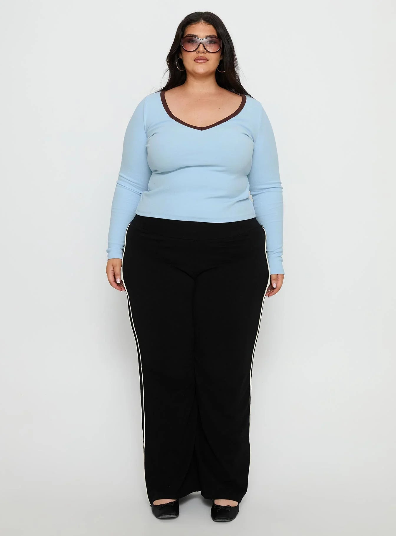 Baseline V Neck Long Sleeve Top Blue / Brown Curve