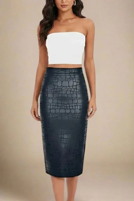 High Waist Leather Pencil Skirt Midi Length Crocodile Black
