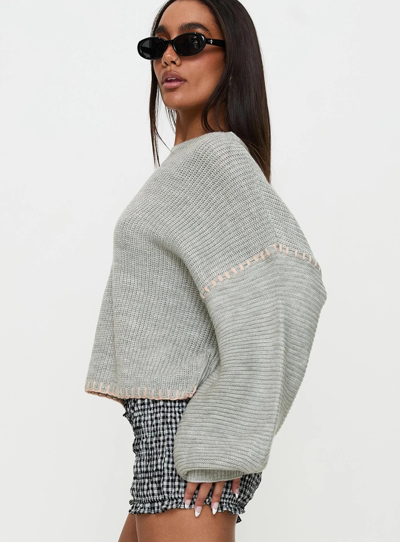 Baby Im Back Knit Sweater Grey Pink