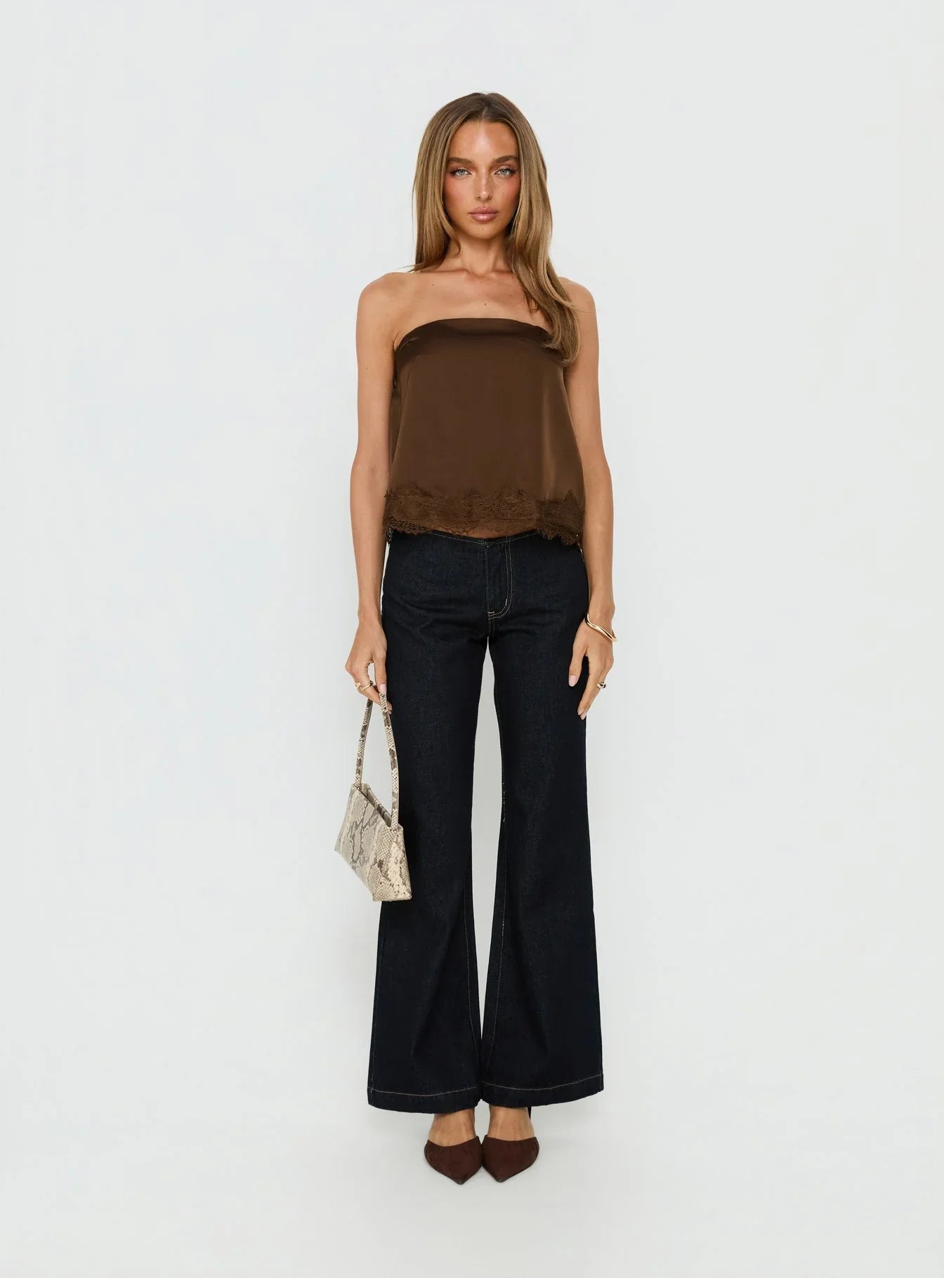 Sheyla Strapless Satin Lace Trim Top Chocolate