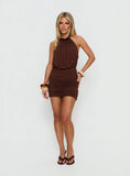 Adriene Beaded Halter Mini Dress Brown