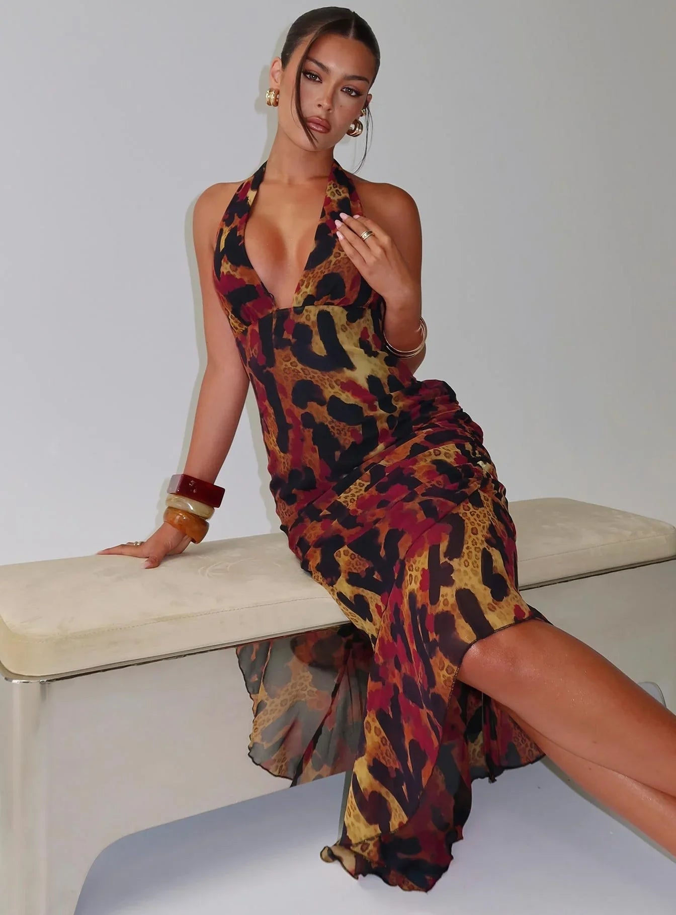 Katriona Halter Asymmetrical Maxi Dress Leopard Multi