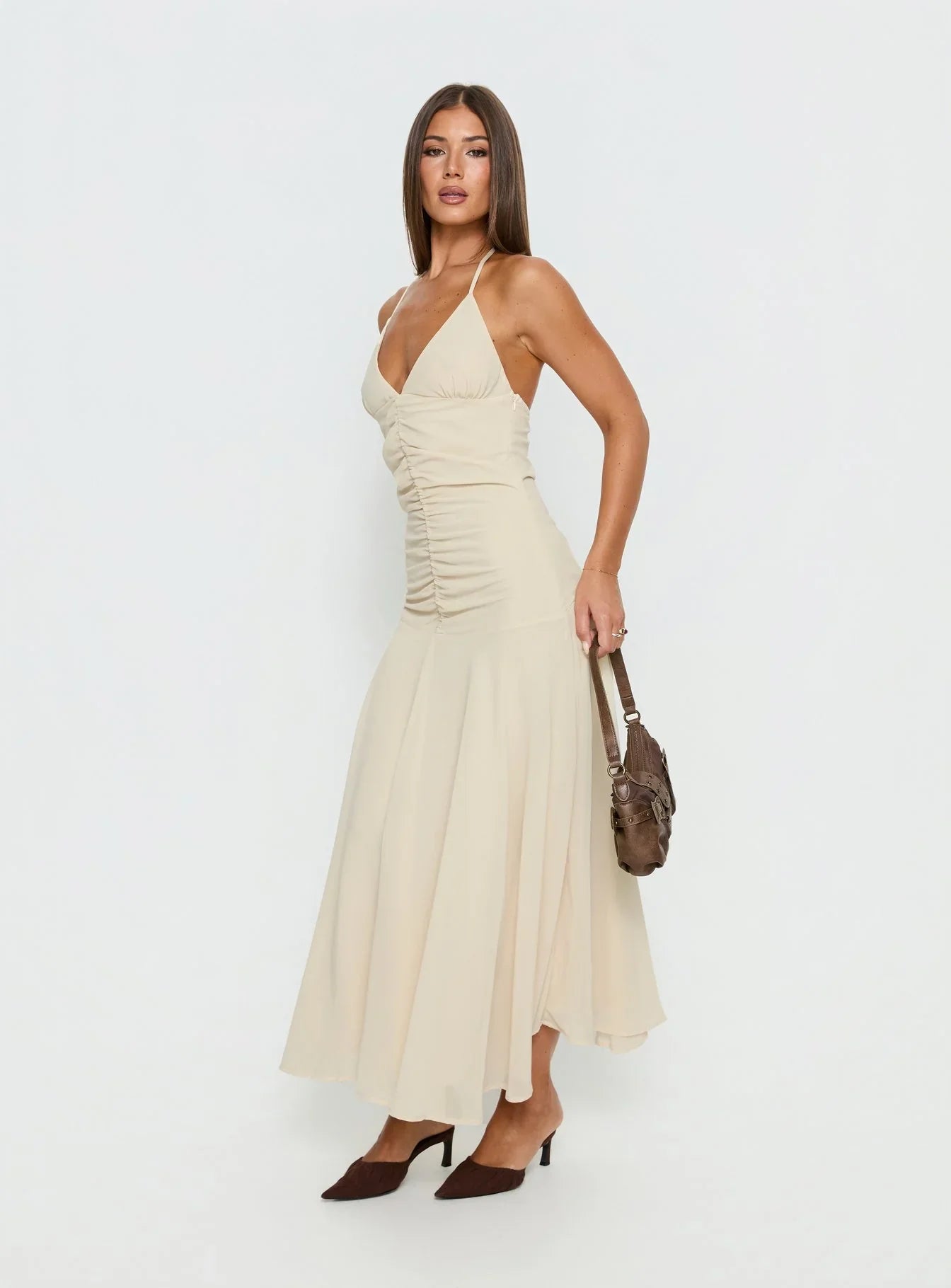 Carlisla Ruched Halter Maxi Dress Yellow
