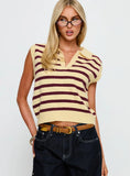 Yuliya Collared Sleeveless Top Lemon Burgundy Stripe