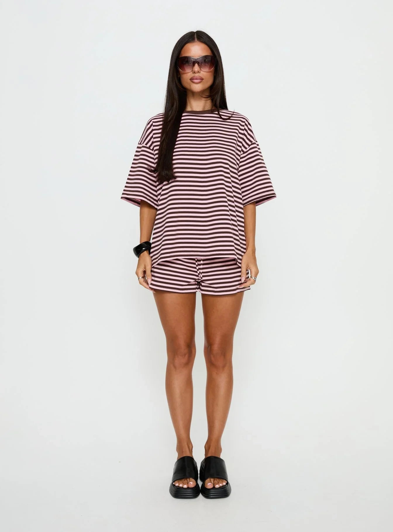 Settle Down Short Sleeve Top Pink / Brown Stripe