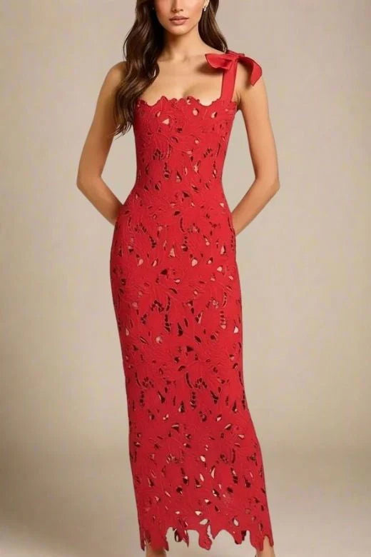 Odette Bodycon Lace Maxi Dress Lipstick Red