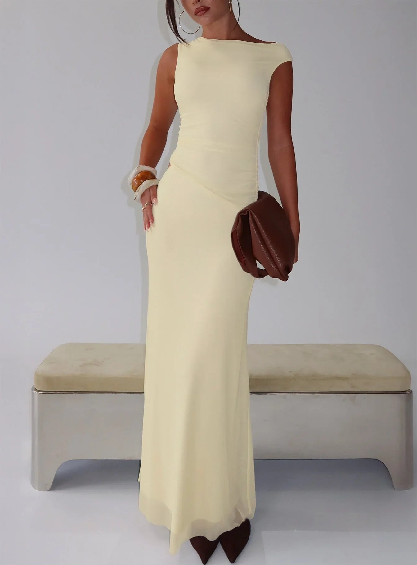 Krystyna Off Shoulder Ruched Mesh Maxi Dress Butter