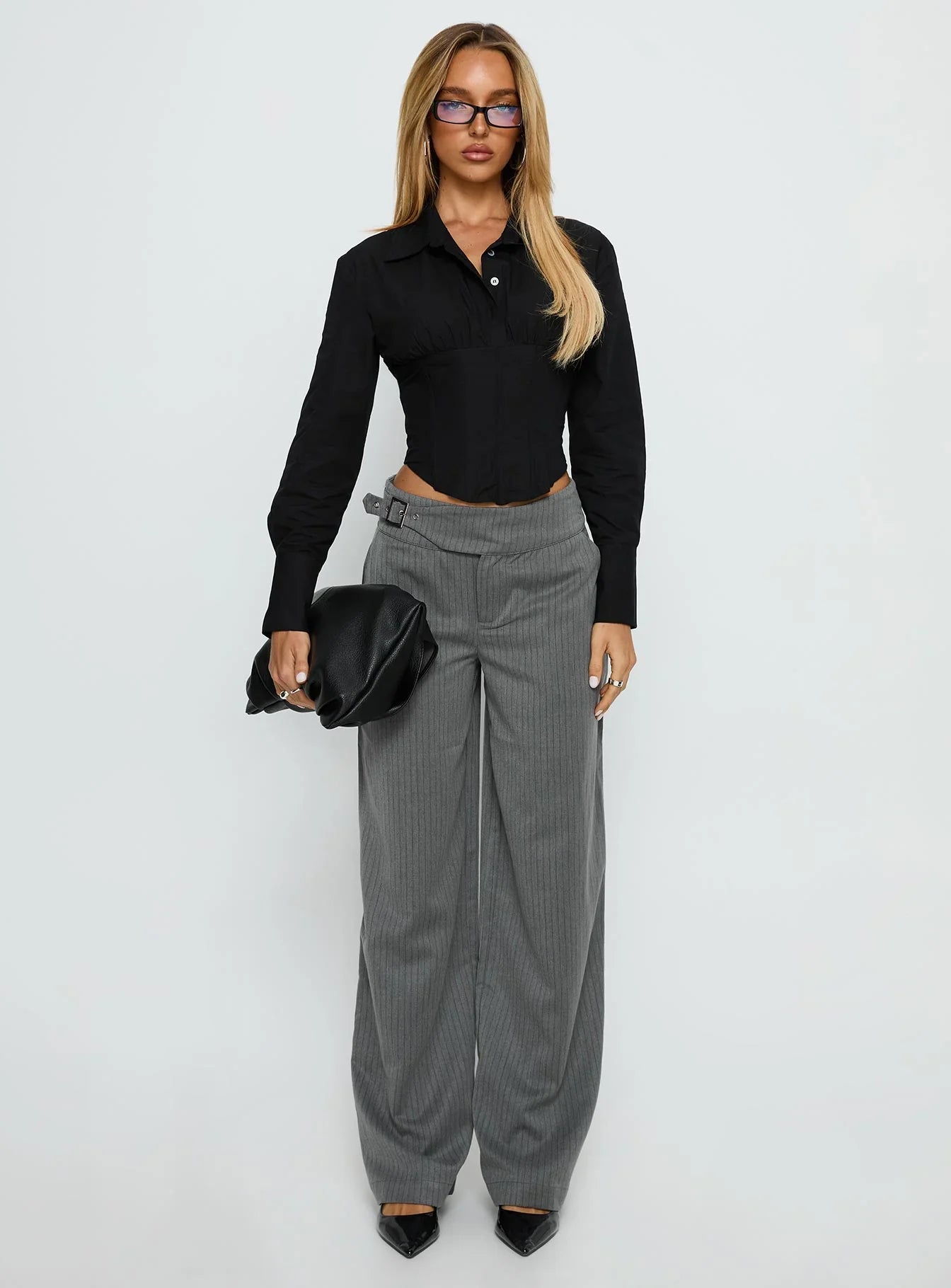 Jinny Relaxed Buckle Tailored Pants Grey Pinstripe