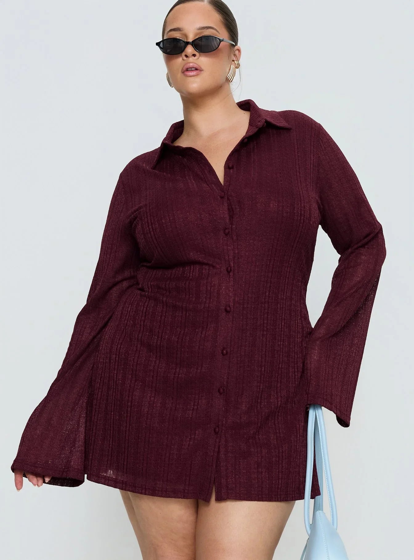 When You Sleep Long Sleeve Mini Dress Wine Curve