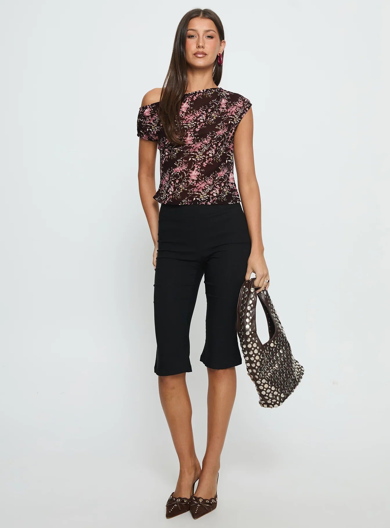 Justyna Sheer Top Off Shoulder Top Brown Pink Floral
