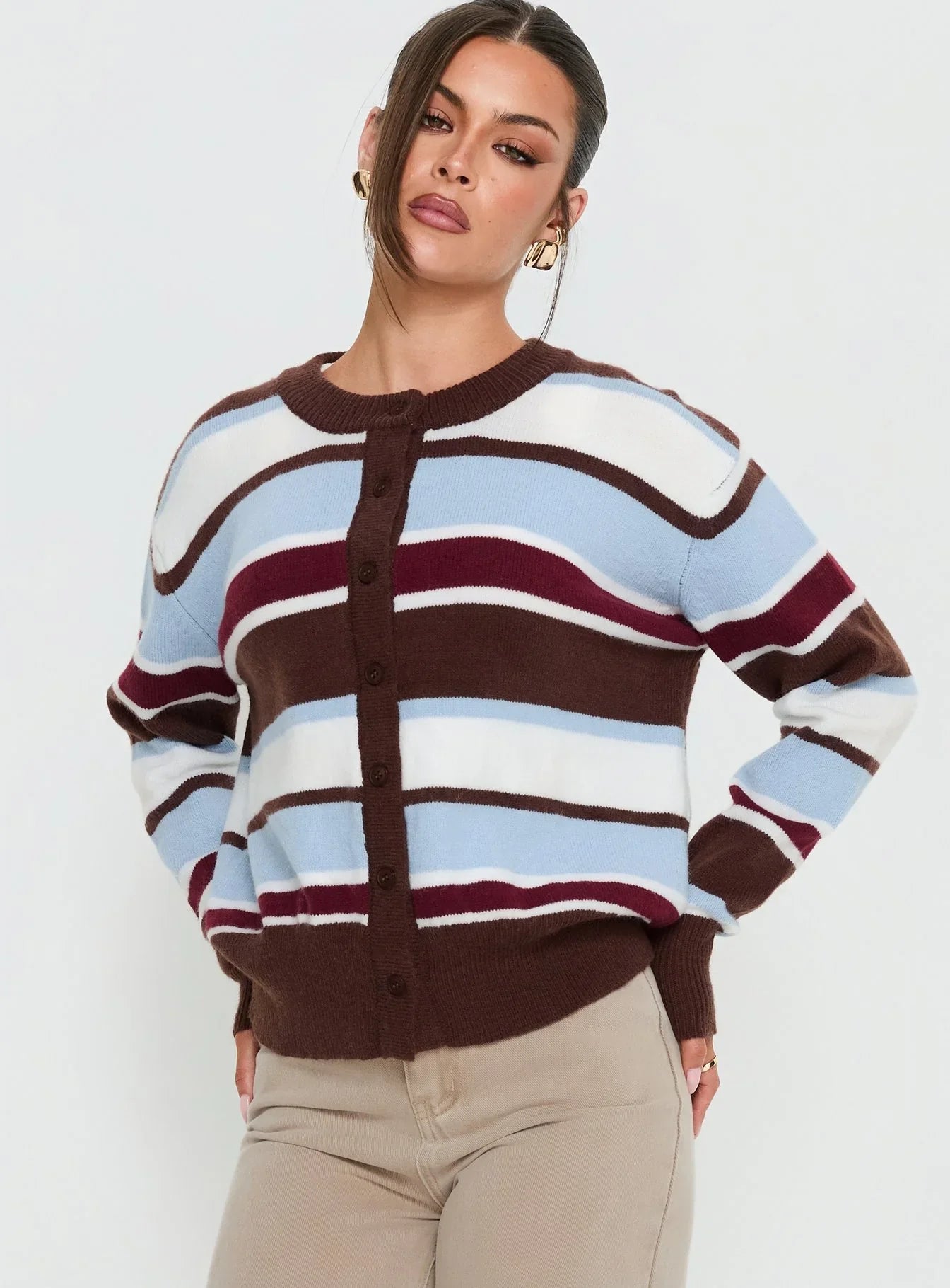 Soline Knit Cardigan Blue Brown Stripe