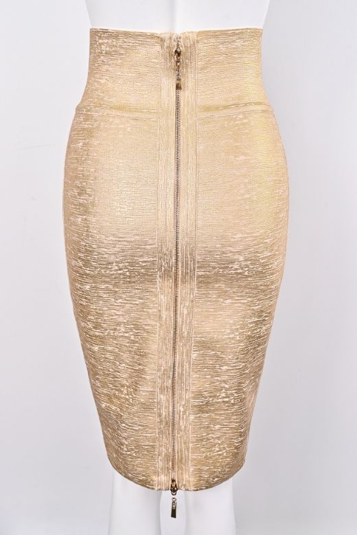 High Waist Leather Pencil Skirt Midi Length Gold