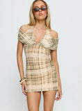 Head Start Layered Mini Dress Beige Plaid