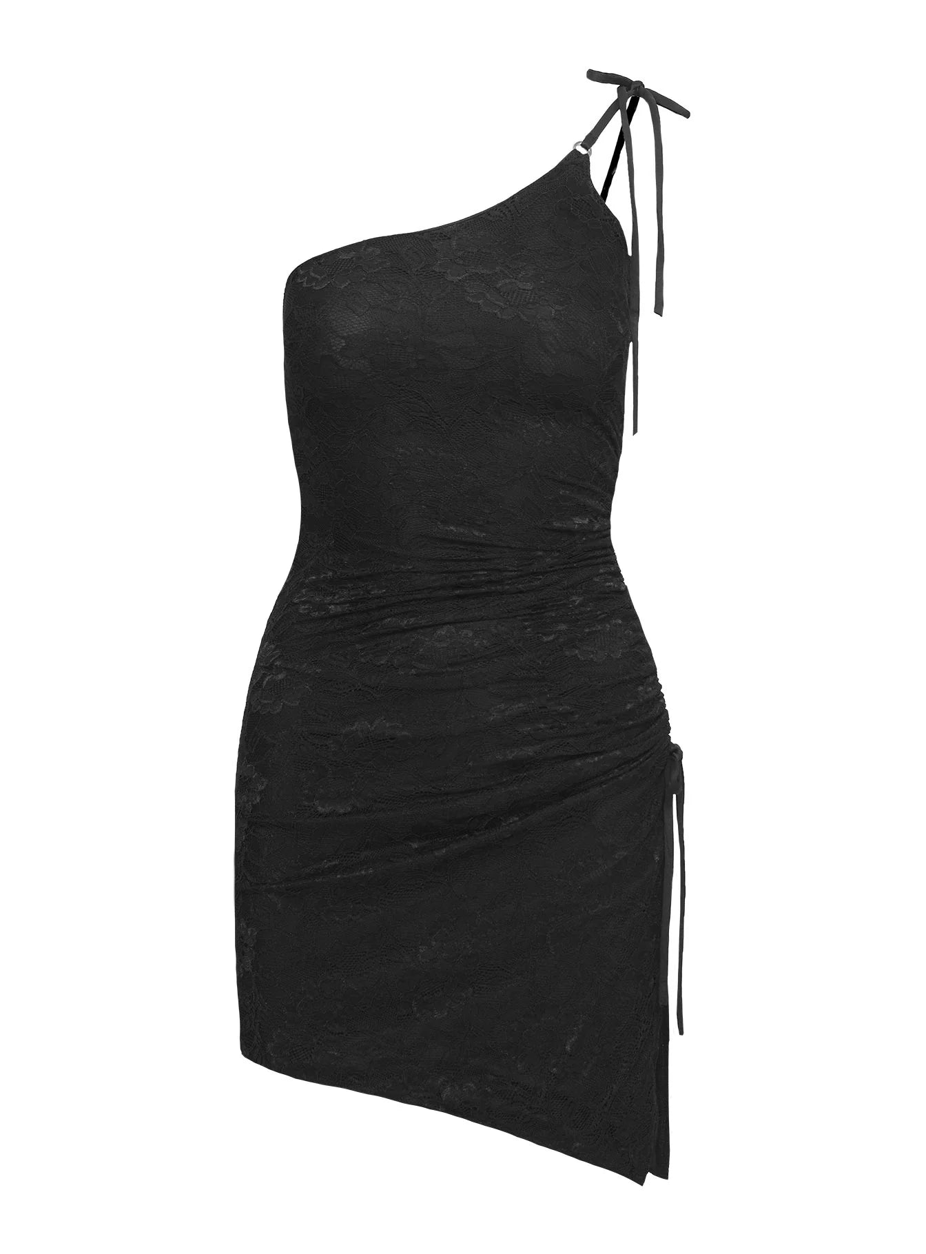 Spindrift One Shoulder Lace Mini Dress Black