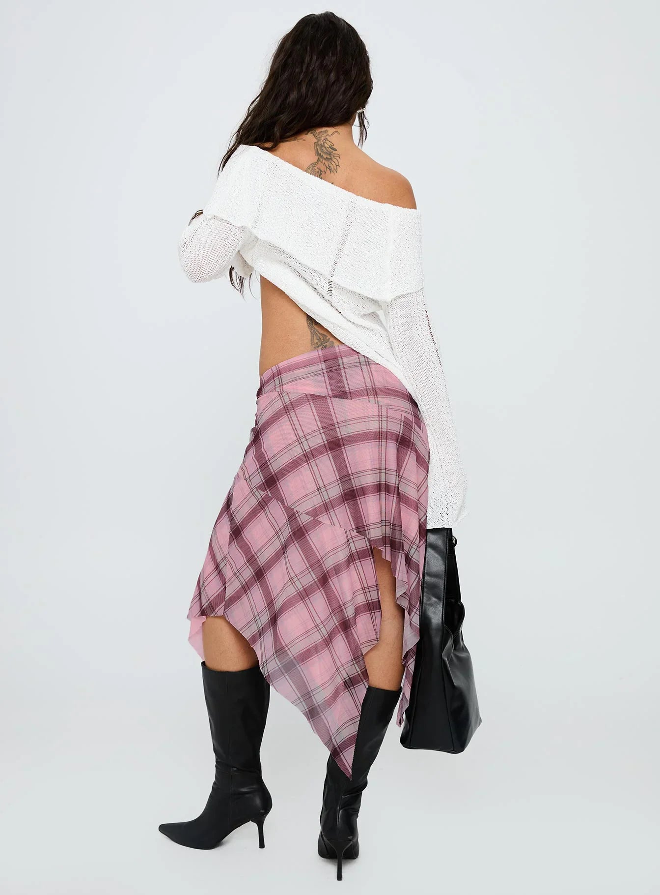Anali Asymmetrical Midi Skirt Pink Multi Check