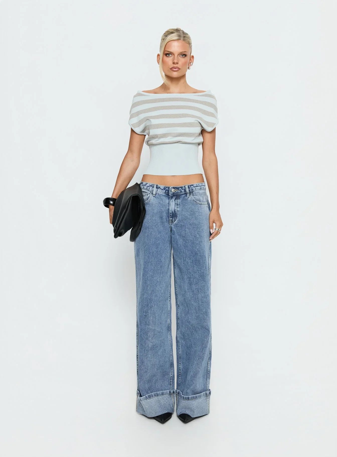 Vianne Cinched Waist Short Sleeve Knit Top Blue / Grey Stripe