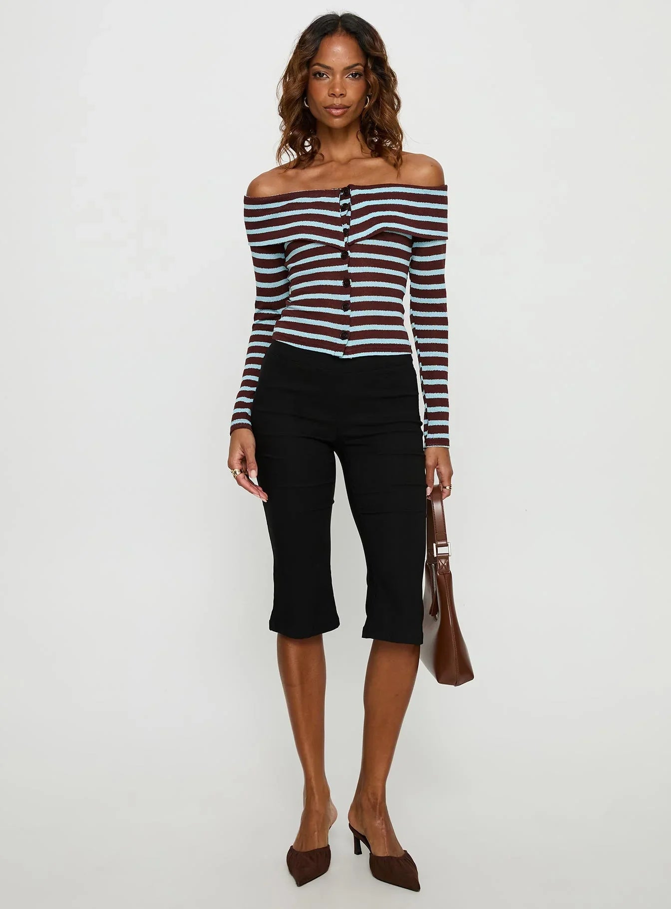 Raelena Off Shoulder Long Sleeve Top Blue Brown Stripe