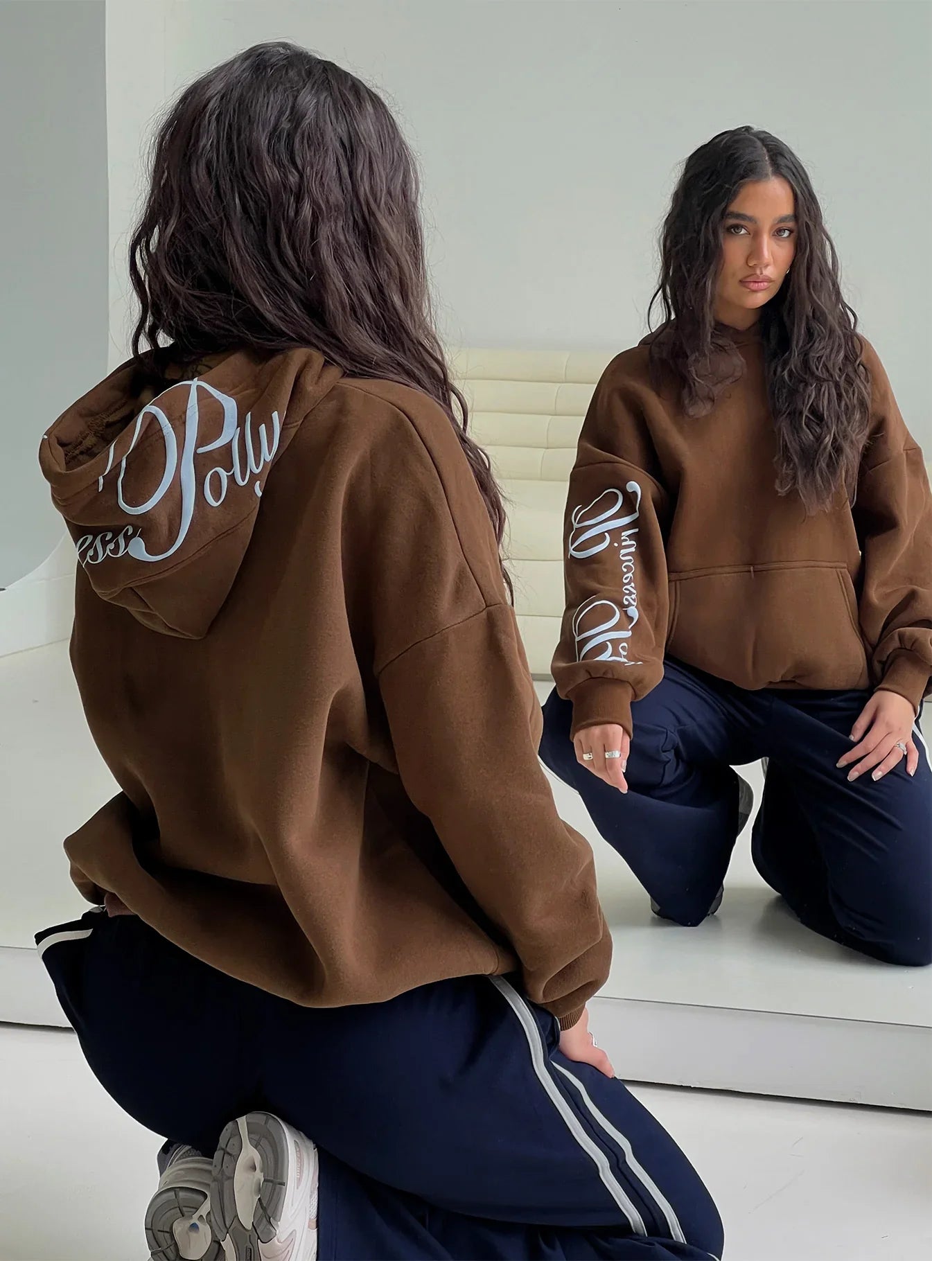 Princess Polly Script Text Graphic Hoodie Brown Blue