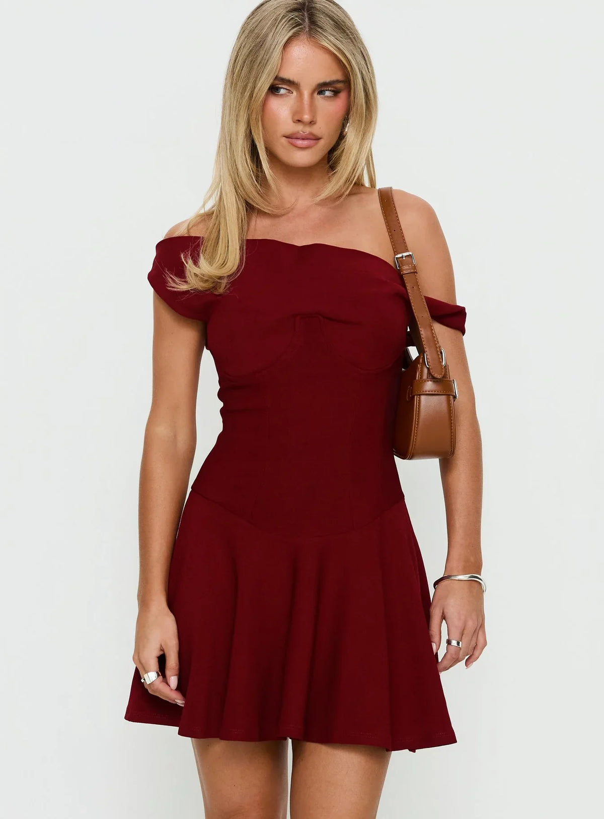 Delcina Off Shoulder Corset Mini Dress Burgundy