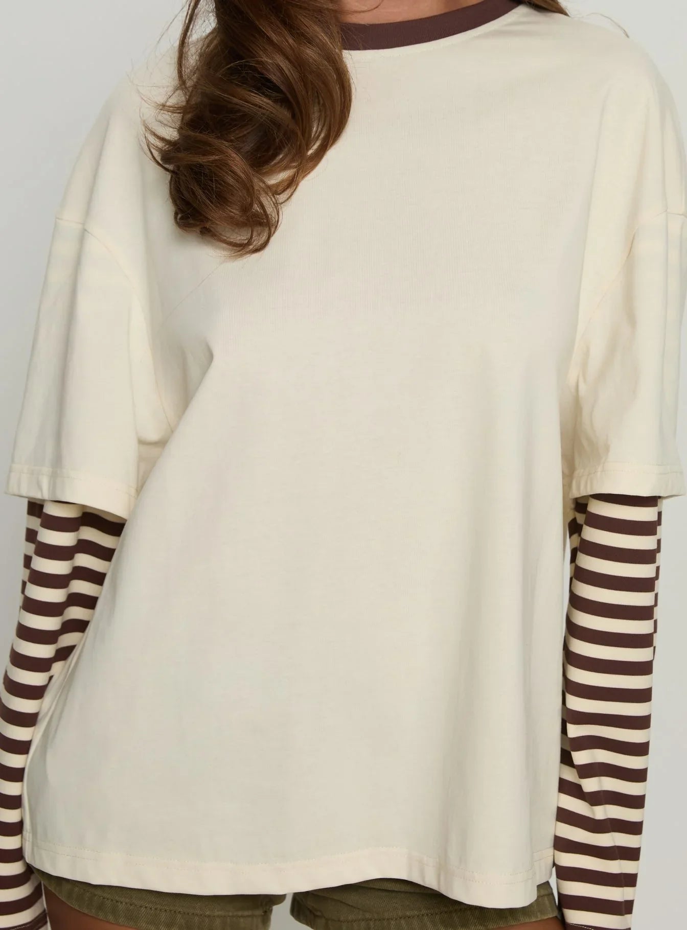 Ryann Long Sleeve Layered Top Cream Brown Stripe