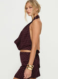 Keiana Plunge Neck Top Burgundy Pink Polka