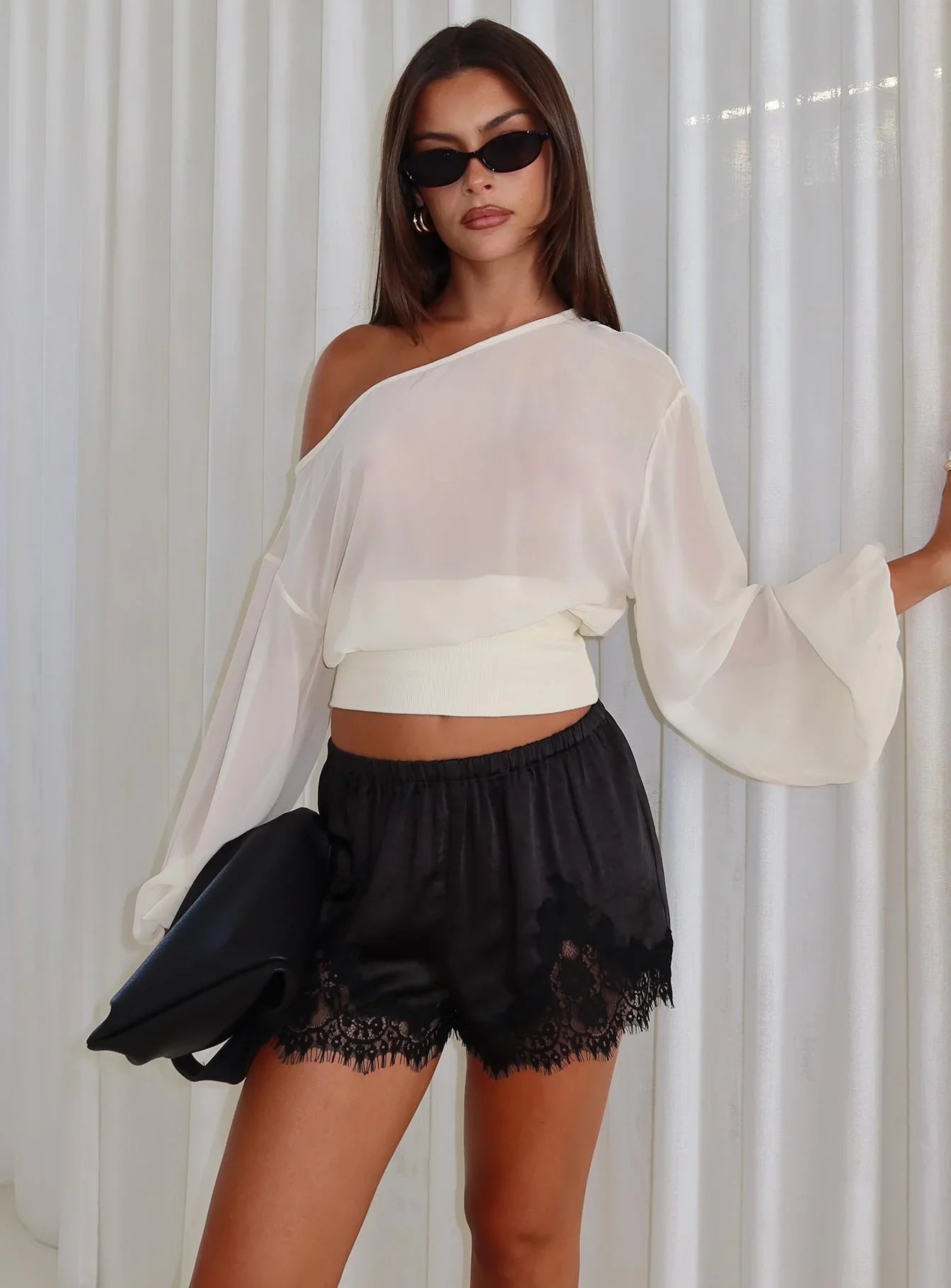 Parisse Satin Lace Trim Shorts Black