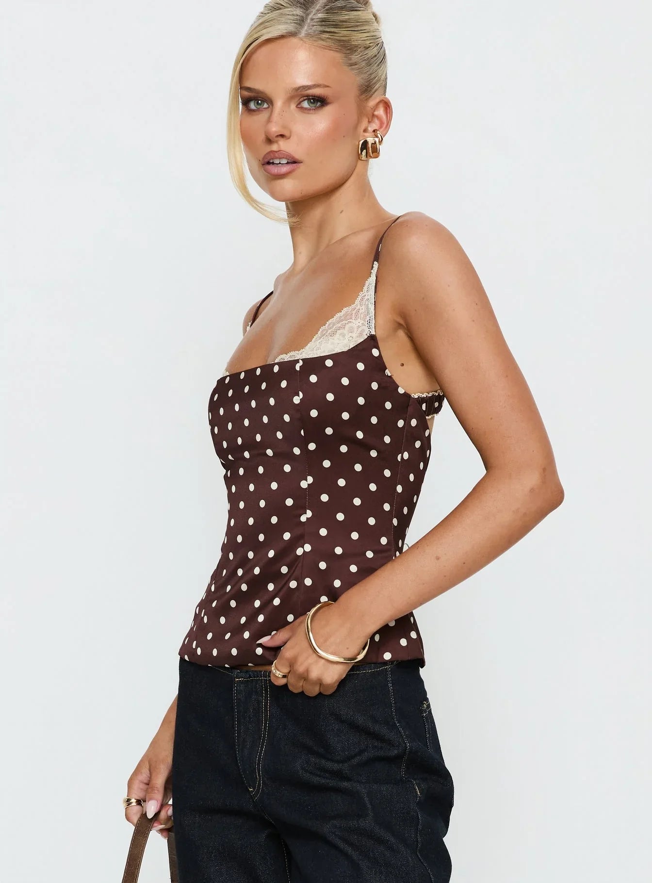 Renaissance Corset Lace Top Brown Polka