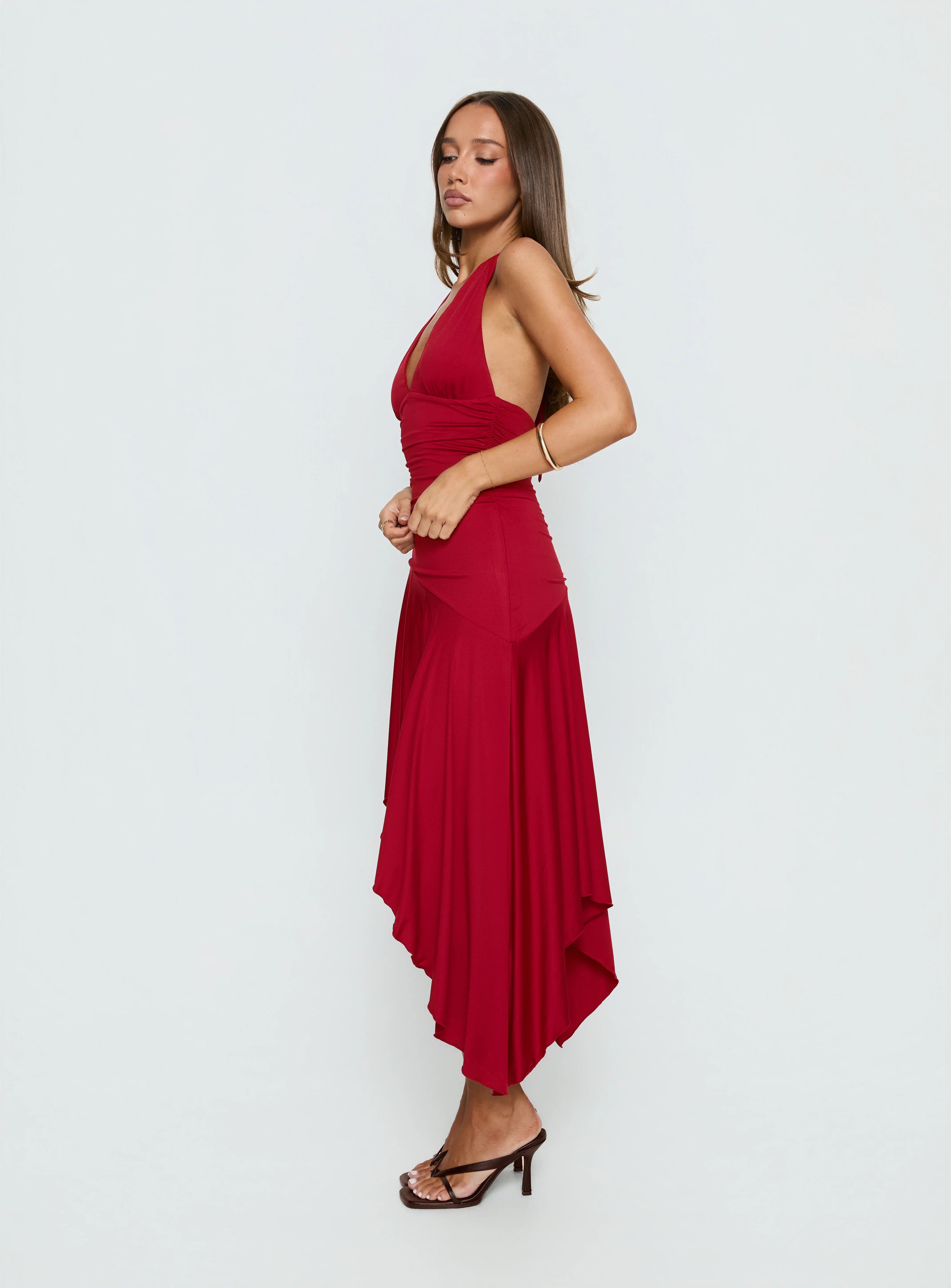 Emara Halter Asymmetrical Midi Dress Red
