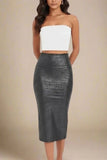 High Waist Leather Pencil Skirt Midi Length Metallic Black