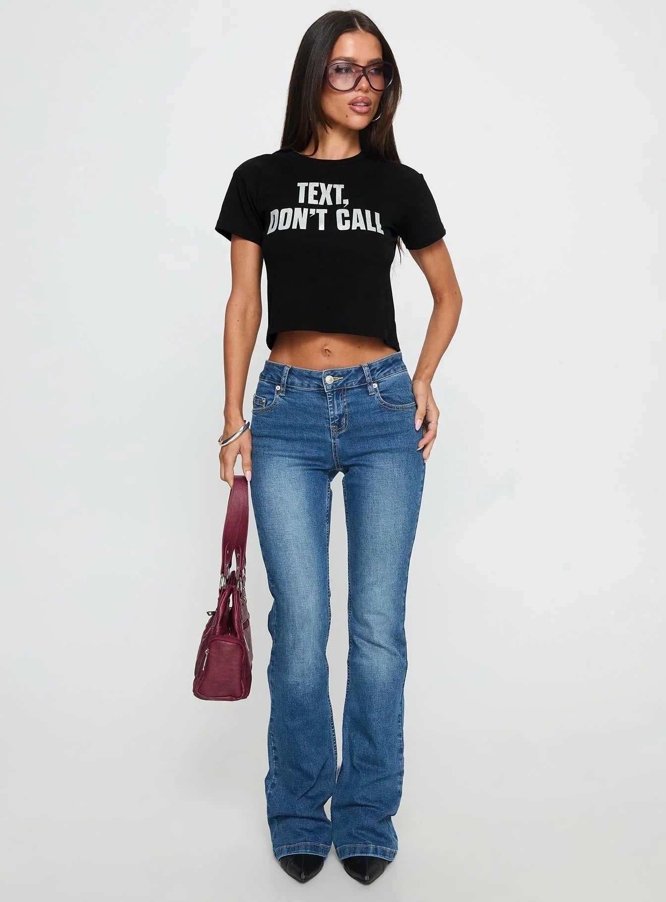 Text Dont Call Shimmer Graphic Top Black