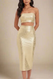 High Waist Leather Pencil Skirt Midi Length Gold
