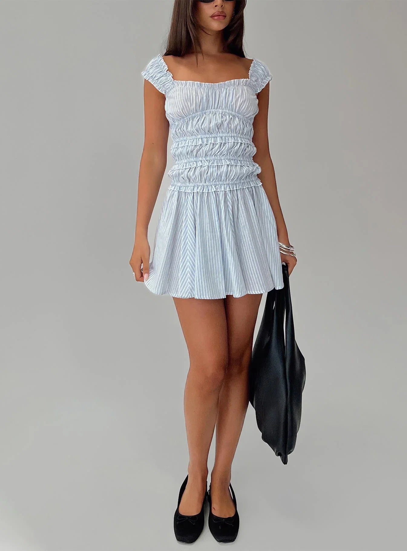 Wonderlust Shirred Mini Dress Blue Stripe