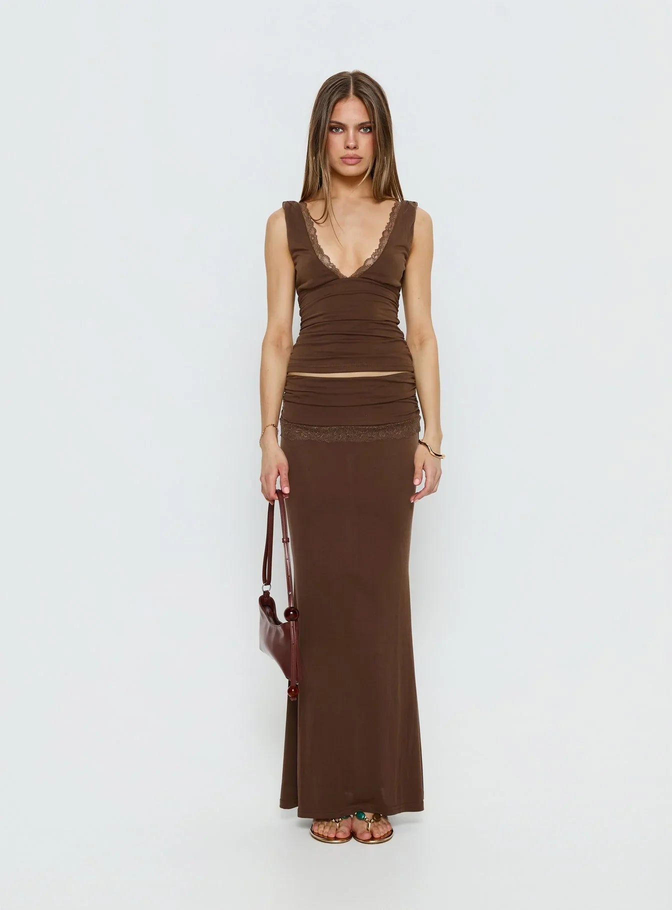 Zespri Lace Jersey Top Brown