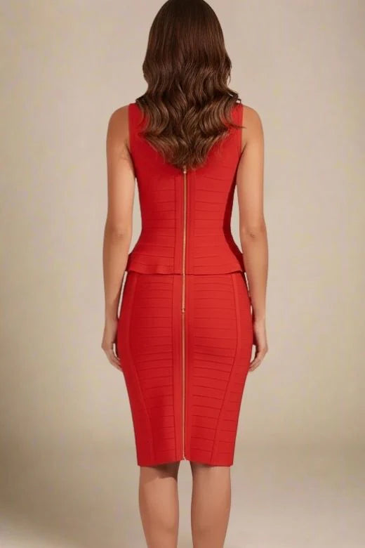 Leni Bandage Top and Knee Length Skirt Set Lipstick Red