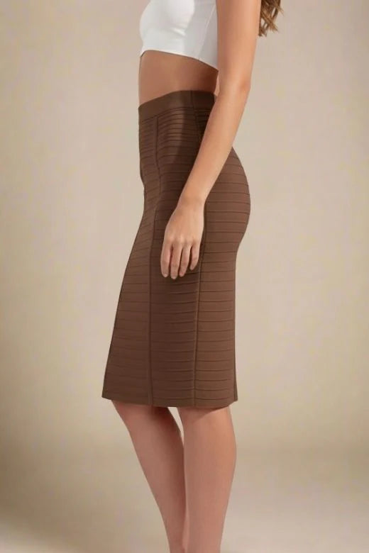 Pencil Bandage Knitted Knee Length Skirt Tan Brown