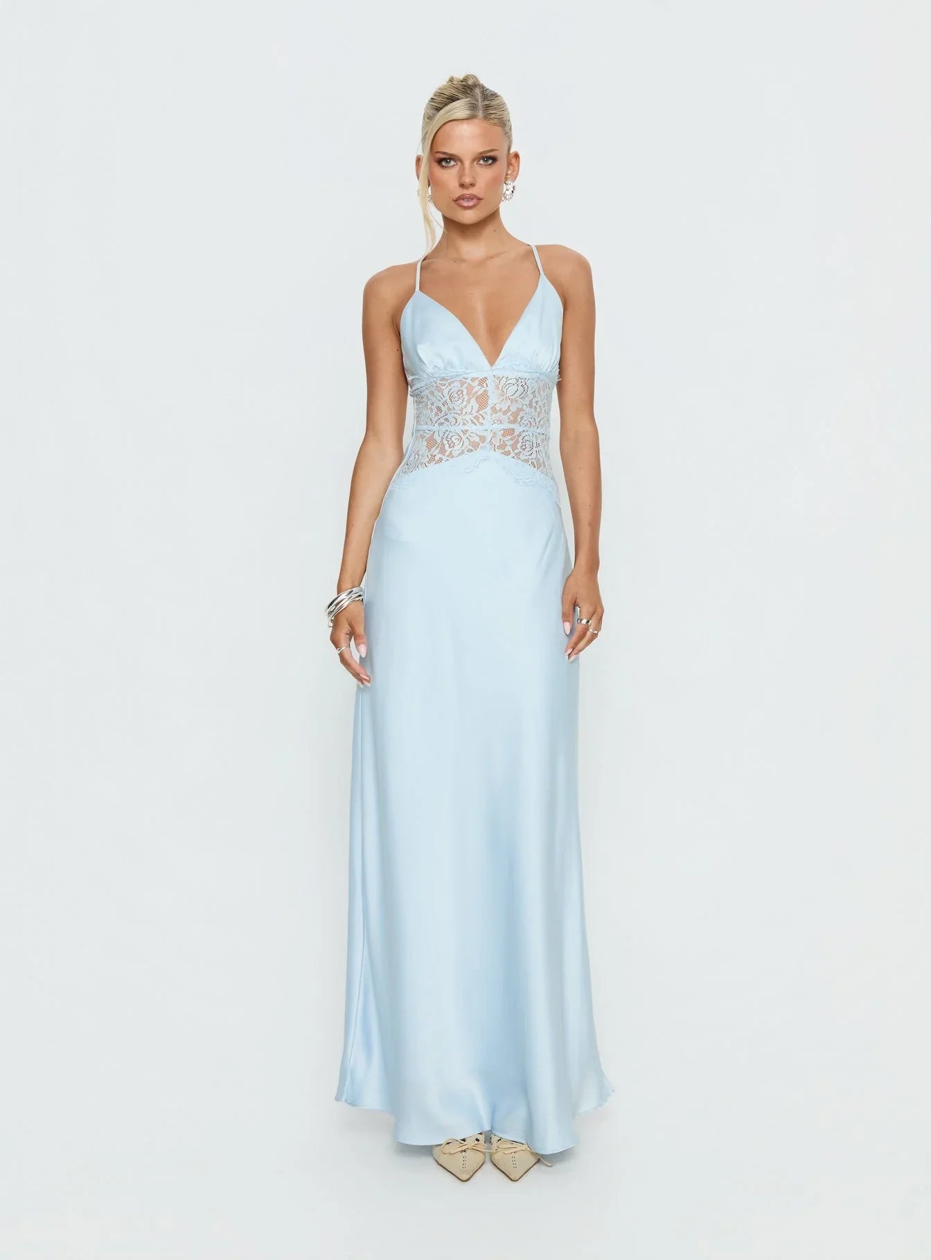 Klairee Halter Lace Maxi Dress Icy Blue