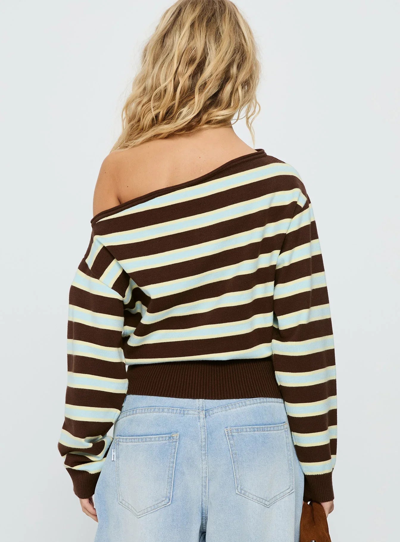 Zinia Off Shoulder Knit Sweater Brown Blue Stripe