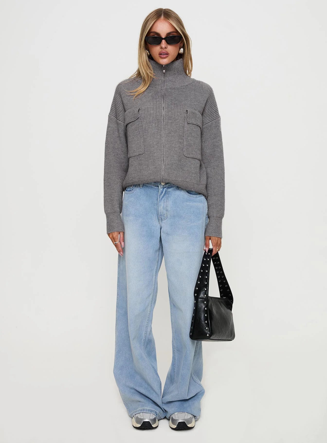 Too Busy Zip Up Sweater Grey