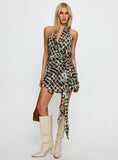 Brissa Halter Wrap Mini Dress Brown Multi