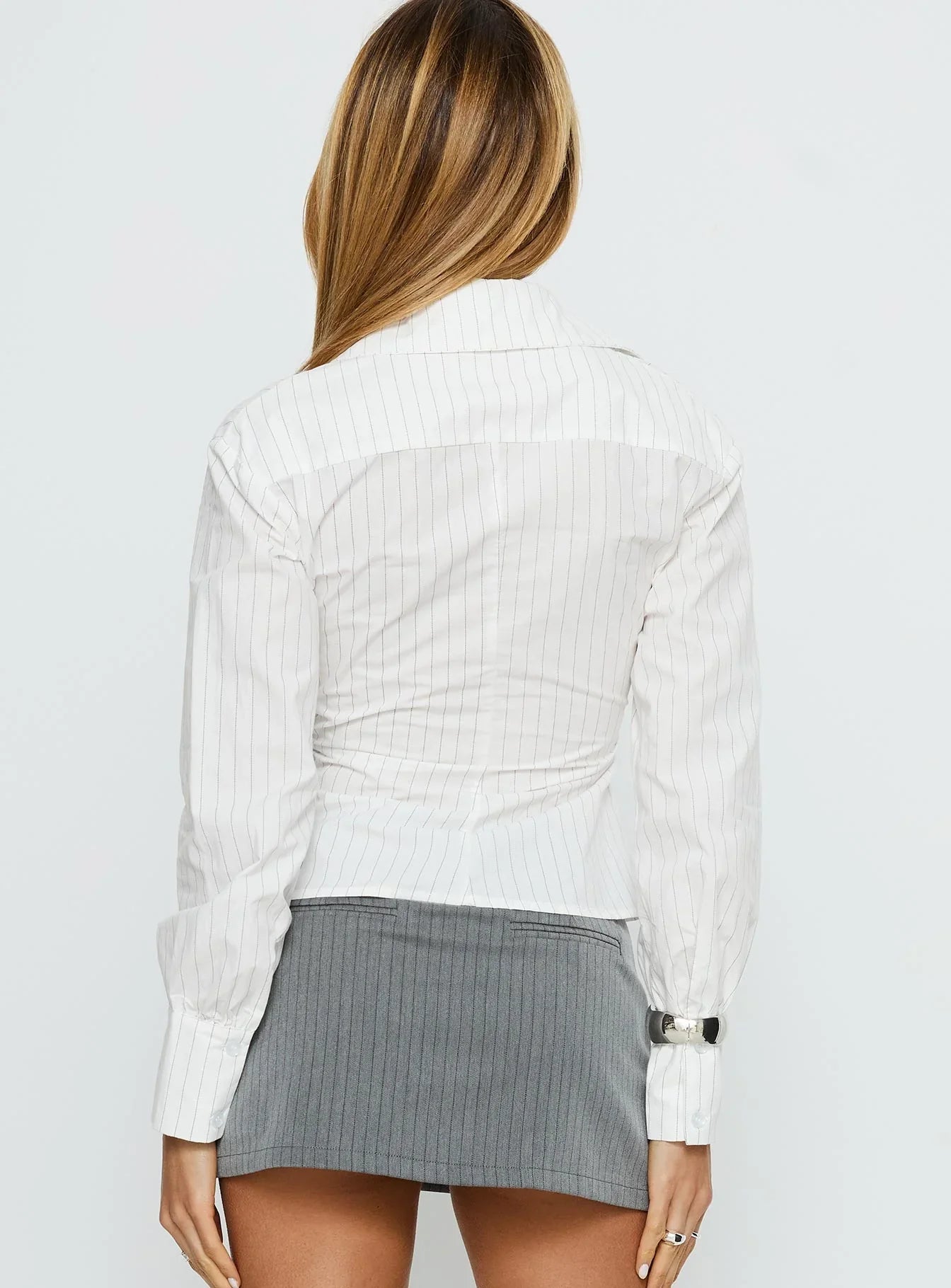 Mayda Asymmetrical Long Sleeve Shirt White Pinstripe