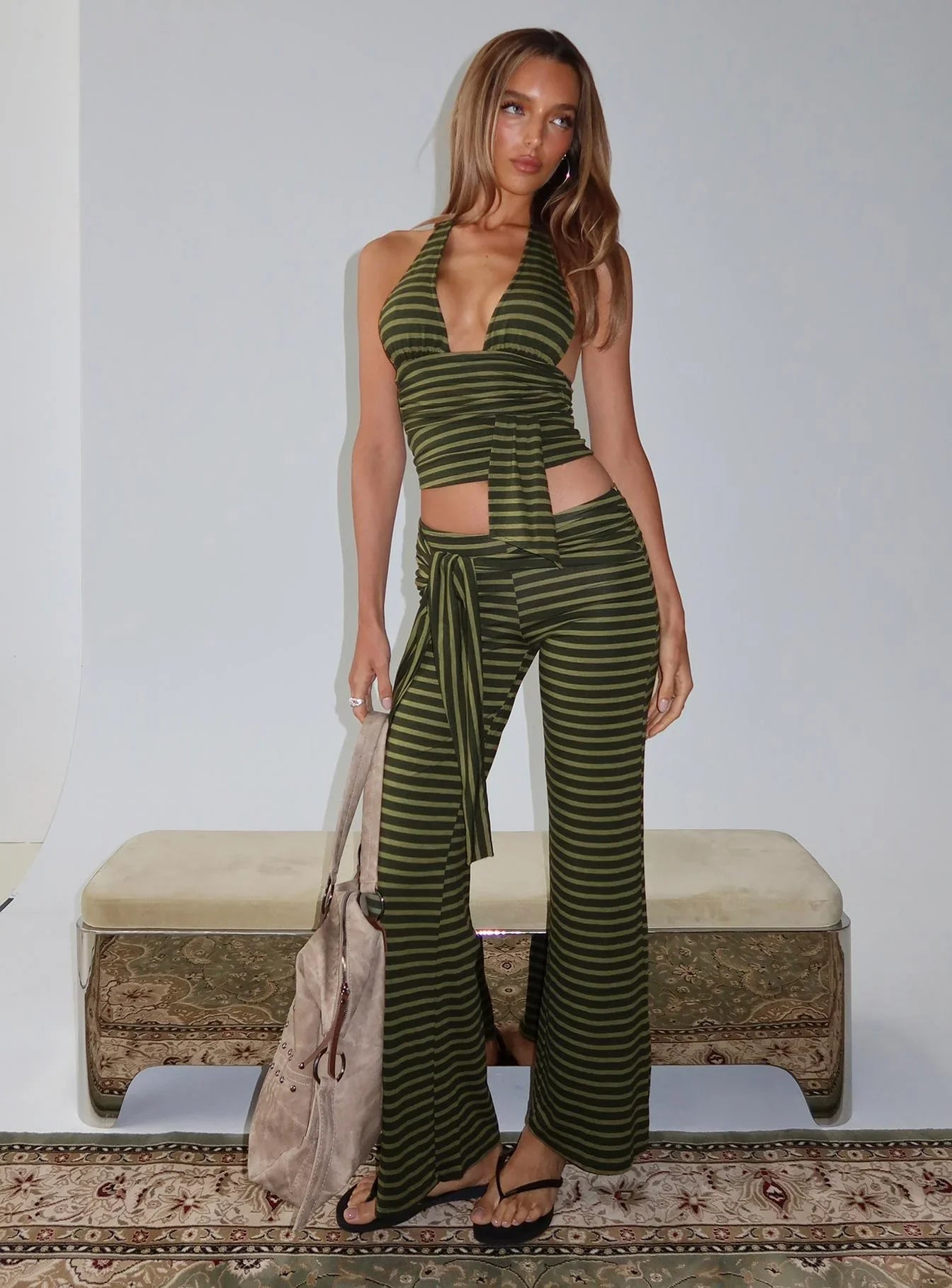Esata Tie Detail Pants Green Stripe