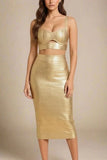 Selene Bandage Crop Top and Midi Skirt Set Gold