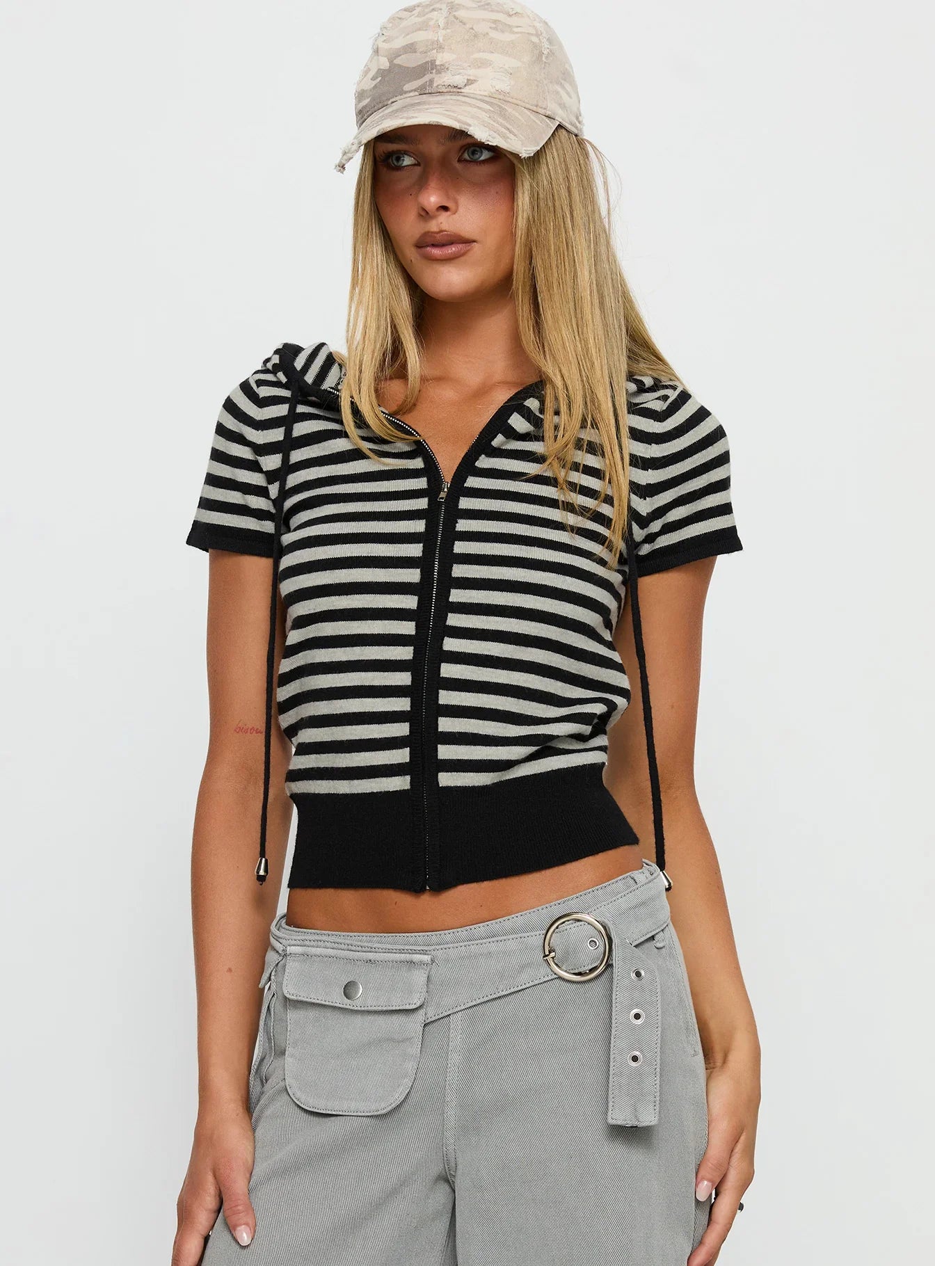Kahlee Zip Through Hoodie Grey Black Stripe