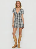 Twist Of Fate V Neck Mini Dress Navy Plaid