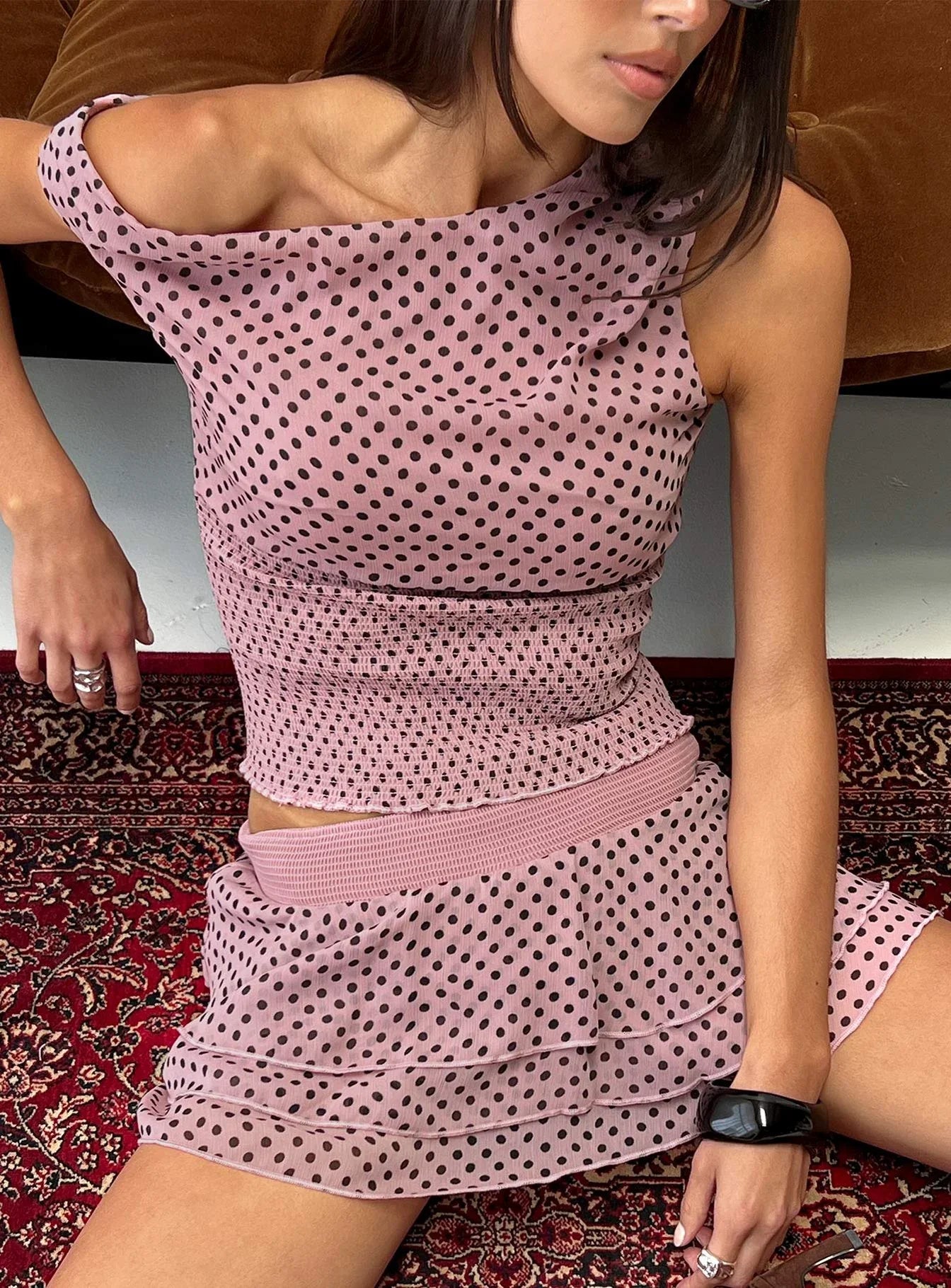 Ready To Party Off Shoulder Top Pink / Black Polka