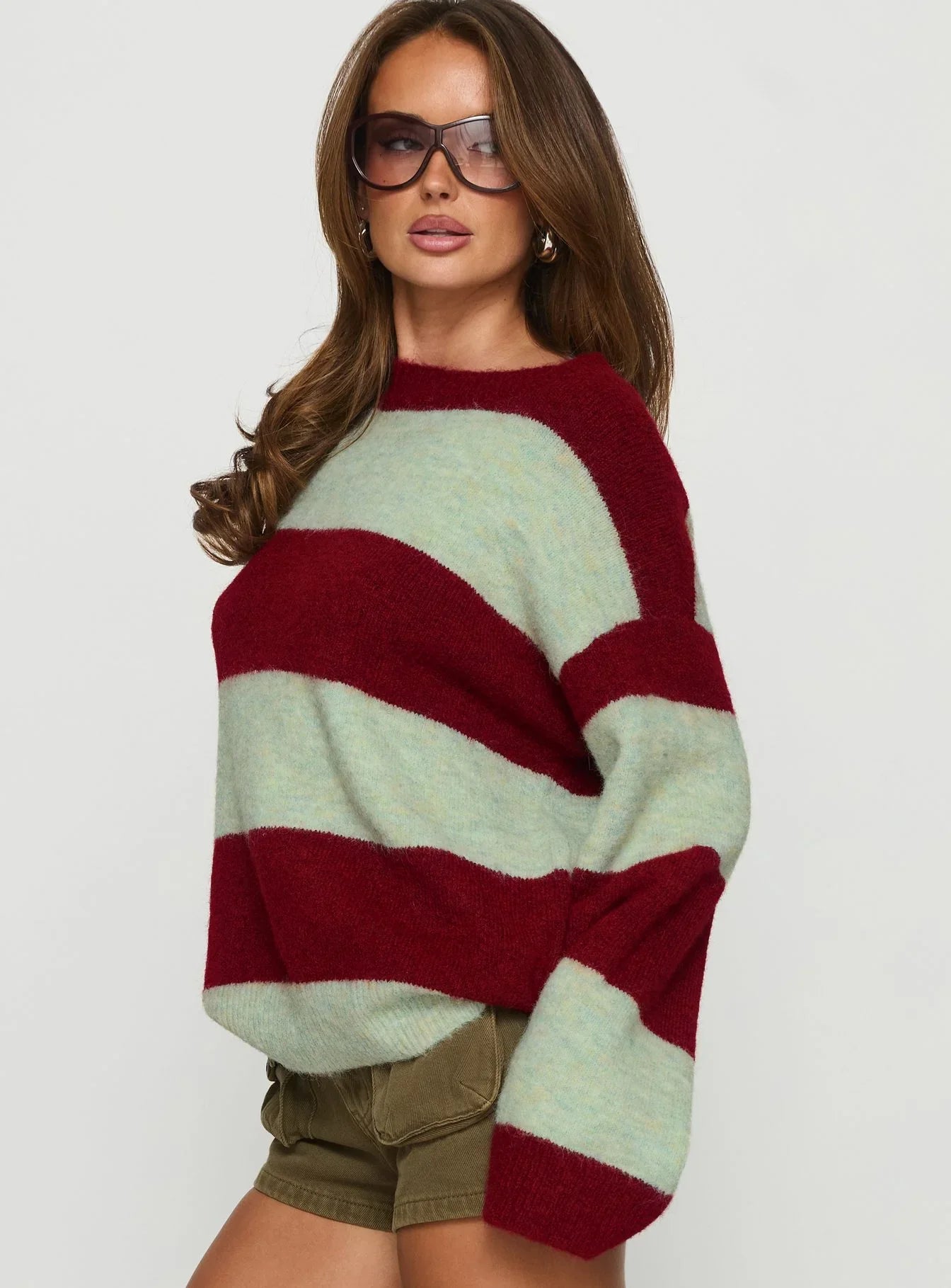 Nesha Fluffy Knit Sweater Red Blue Stripe