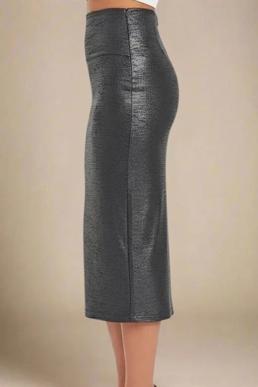 High Waist Leather Pencil Skirt Midi Length Metallic Black