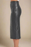 High Waist Leather Pencil Skirt Midi Length Metallic Black