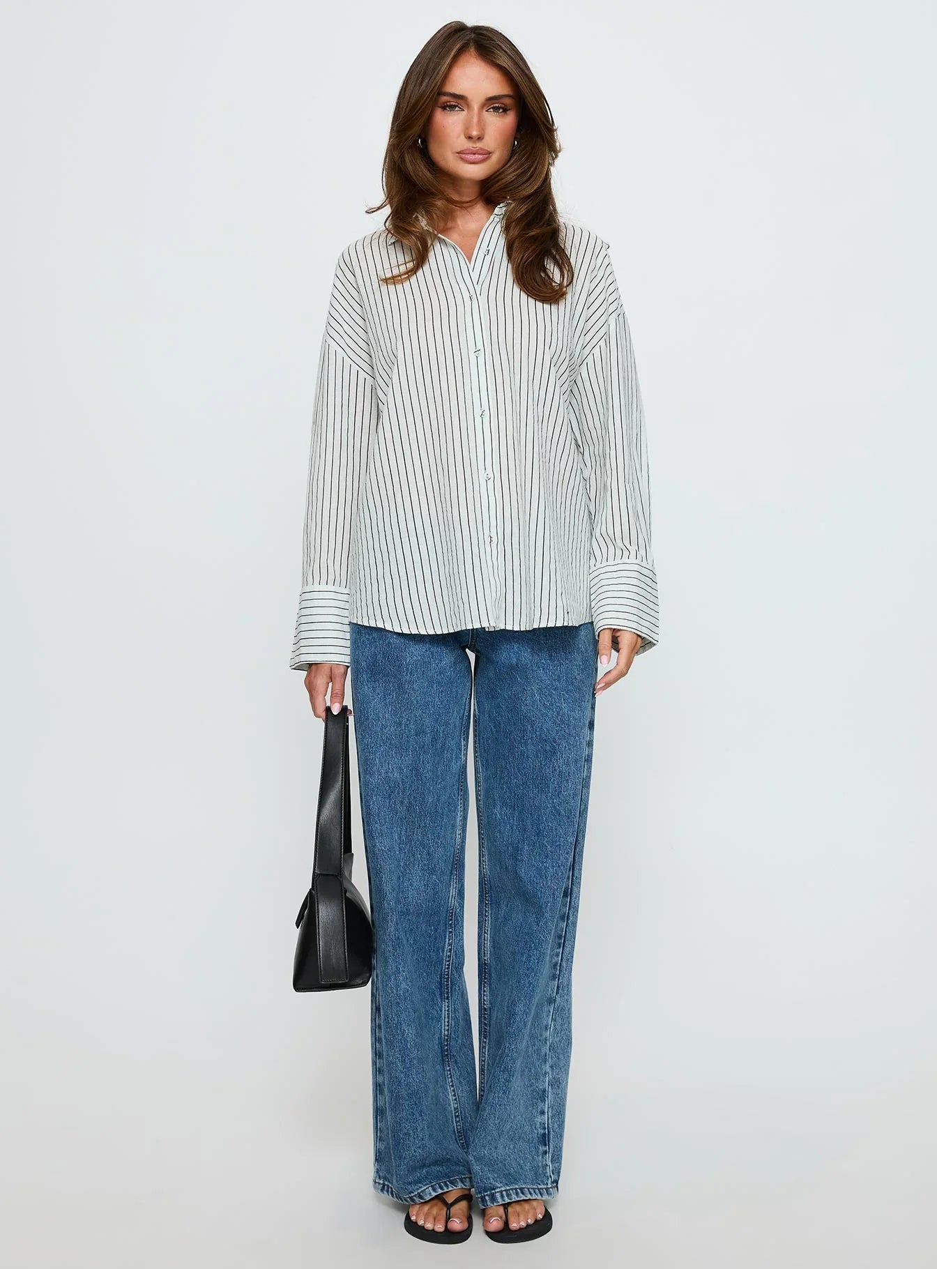 Alexi Long Sleeve Button Down Top Blue Brown Stripe