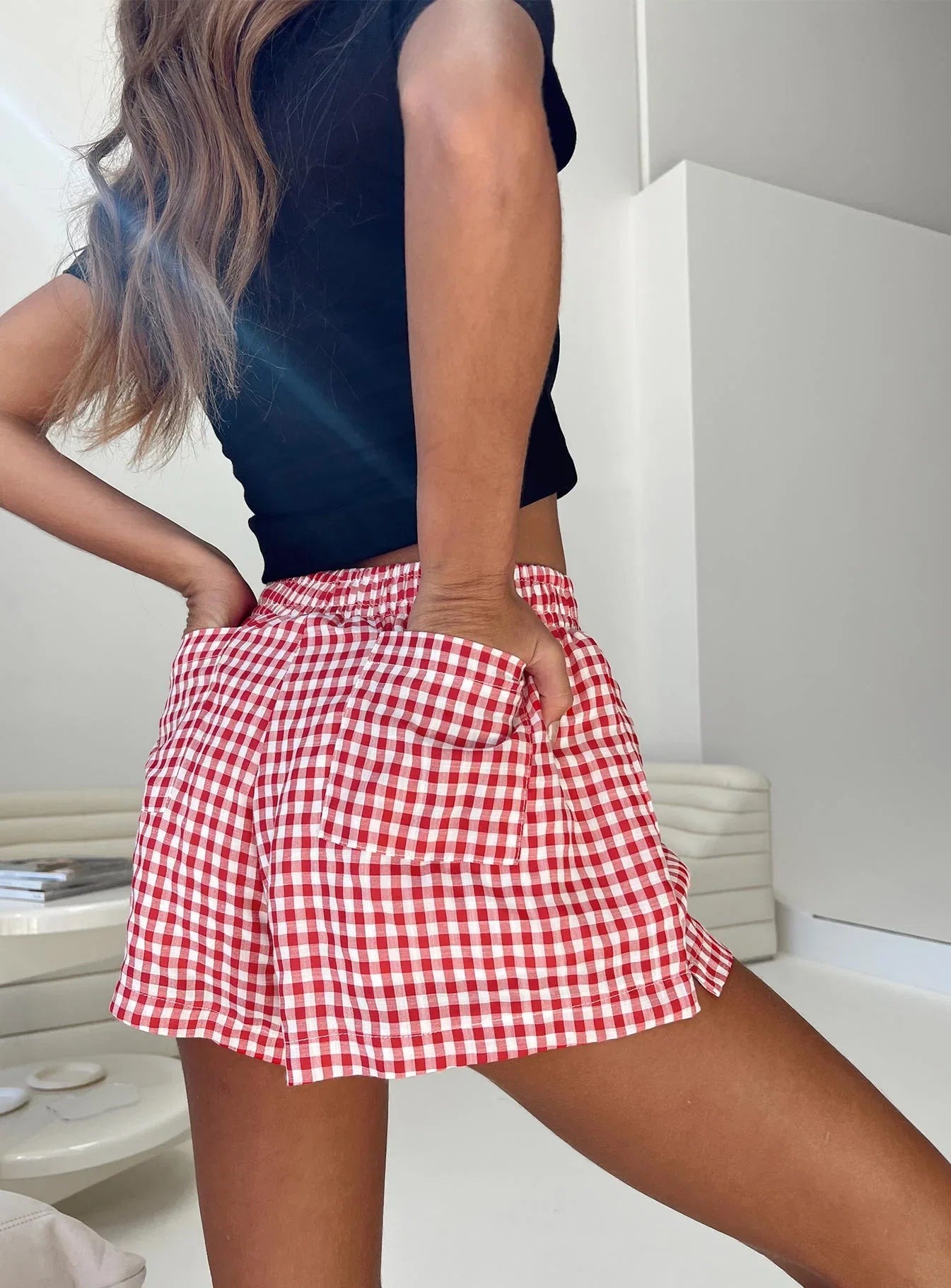 Beach House Shorts Red White Gingham